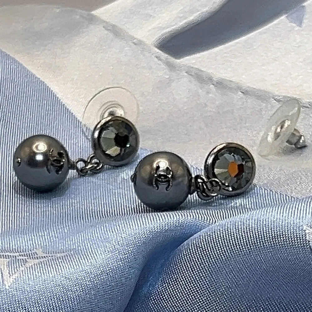 Chanel Silver Crystal and CC Pearl Drop Earrings